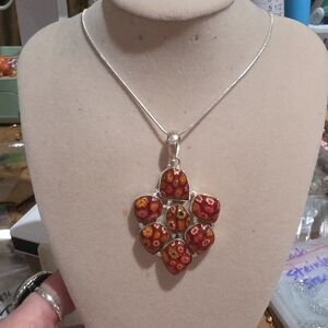 Silver Floral Millefiori Pendant Necklace in Red-Orange